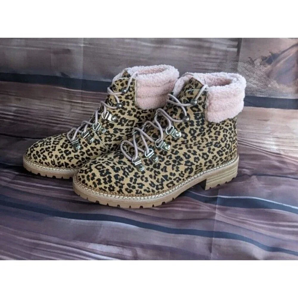 Silent D‎ Hiker Boots women's 6 Animal Print Leopard Rexi fur lined